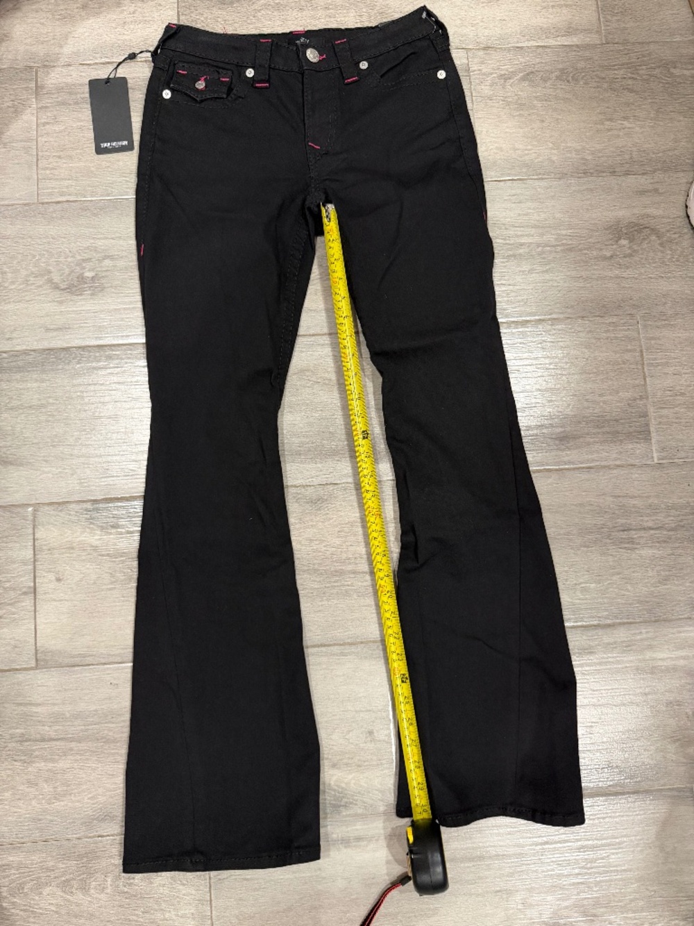 NWT True Religion Black Joey Flare Jeans with Pink Stitching 🎀